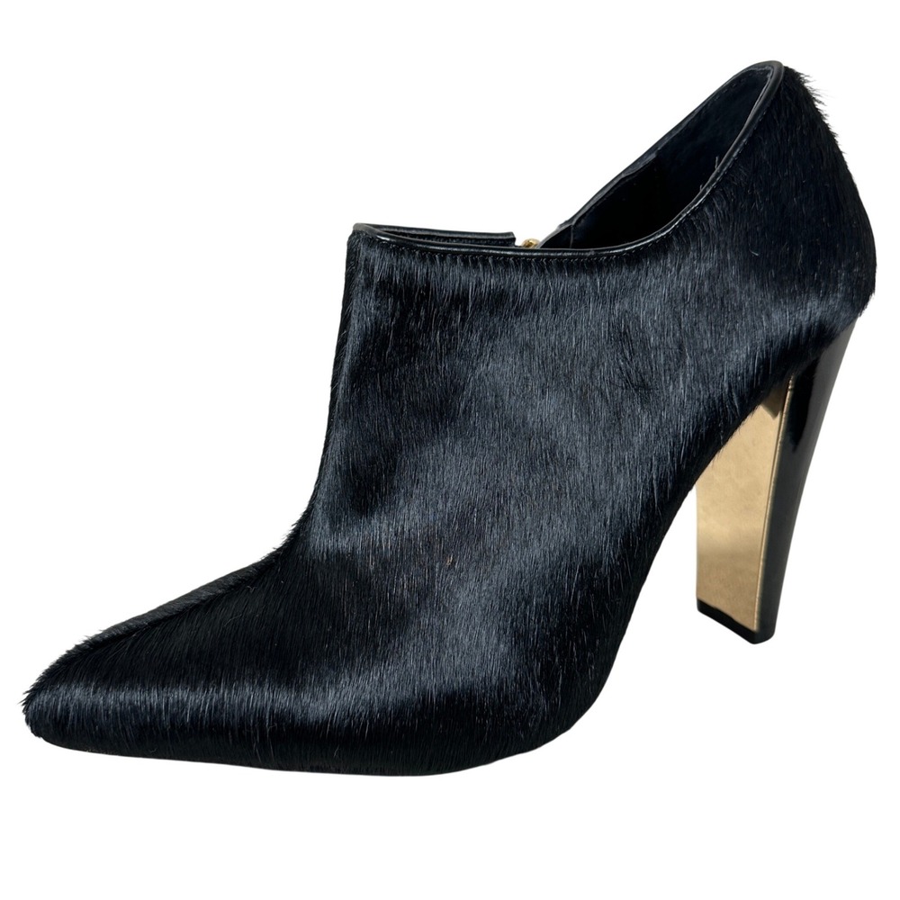 IMAN Black Calf Hair Pointed Toe Ankle Booties Gold Heeled Mob‎ Goth 9M